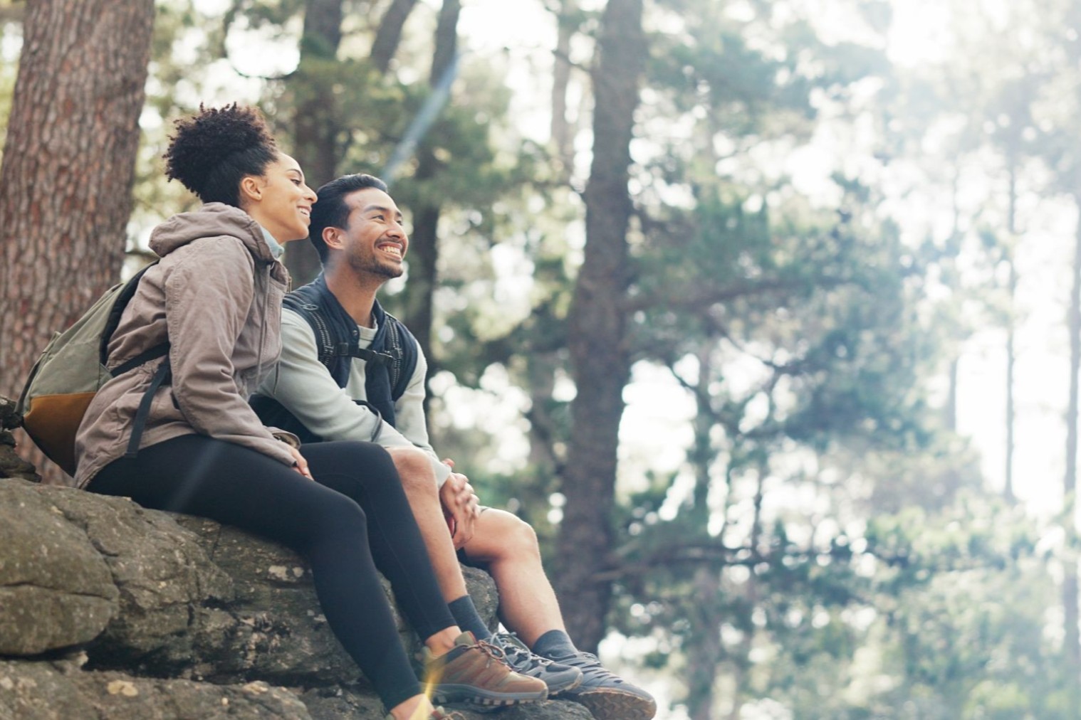 Nature, hiking and a couple relax on adventure trail